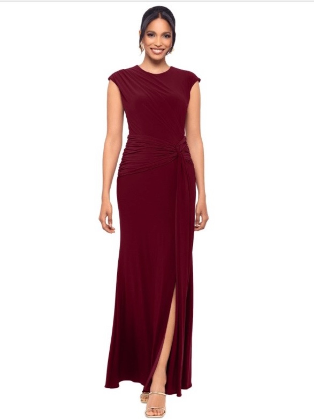 Betsy & Adam Cap Sleeve Gathered Maxi Gown in Burgundy